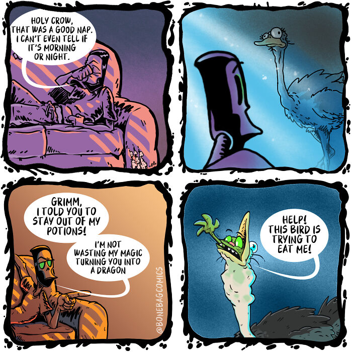 A necromancer and his assistant dealing with a mischievous bird after the assistant drinks potions.