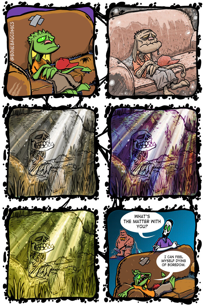 The daily life of a necromancer's assistant, depicted as bored and slowly turning into a skeleton.