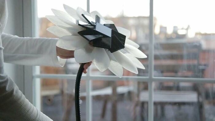 Hand holding a 3D printing kinetic flower with white petals, an amazing creation.