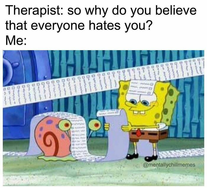 Spongebob meme listing reasons for feeling hated, depicting Im fine and oh no emotions.