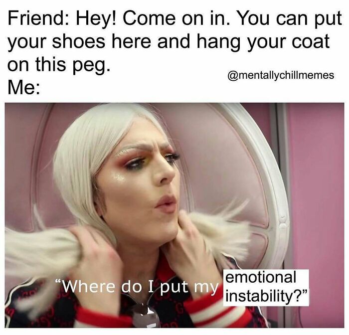 A meme showing a person wondering where to put their emotional instability, depicting mentally struggling emotions.
