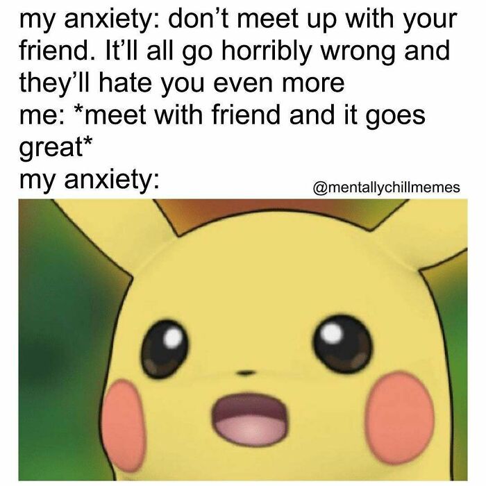 A meme featuring a surprised Pikachu, representing anxiety versus reality when meeting friends, a popular and relatable meme format.