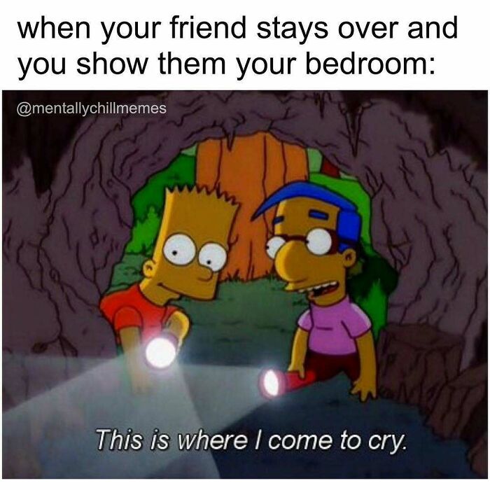 Bart and Milhouse meme about crying in bedroom, portraying Im fine and oh no feelings.