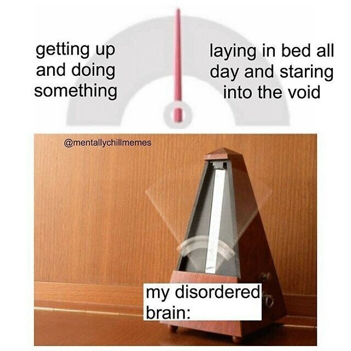 A meme with a metronome and a gauge, humorously showing the struggle between productivity and mental exhaustion, a common meme theme.