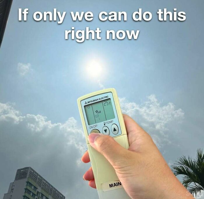Funny meme about summer heat: a hand holding an AC remote, wishing to turn down the blazing sun.