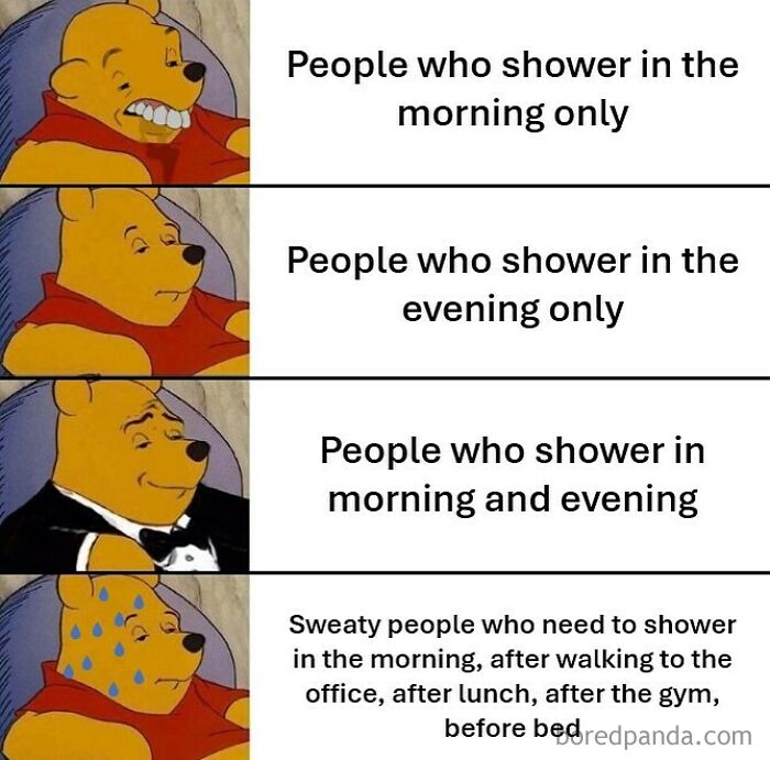 Funny memes about summer heat showing Winnie the Pooh's reactions to different showering habits.