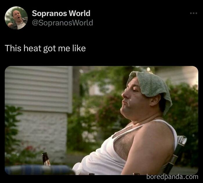 Funny meme showing Tony Soprano with a towel on his head, looking miserable from the summer heat.