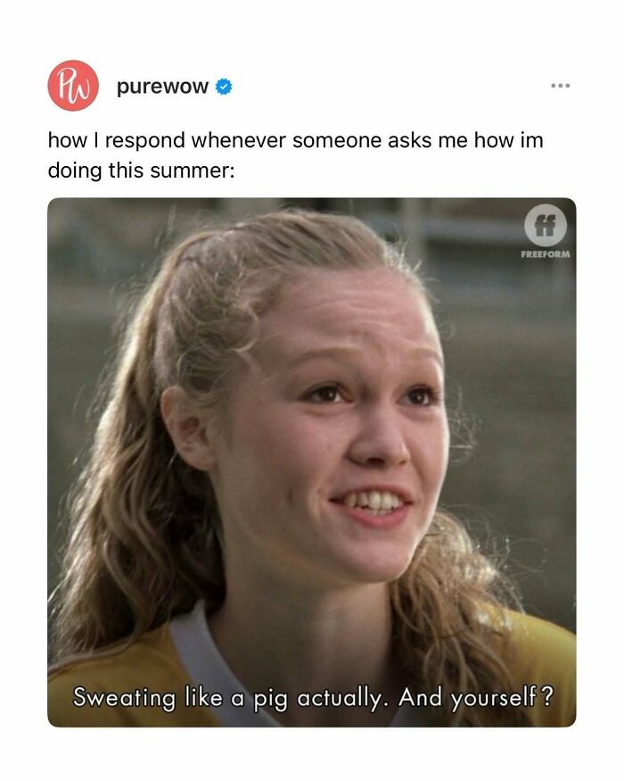 A funny meme showing a woman sweating and complaining about summer heat.