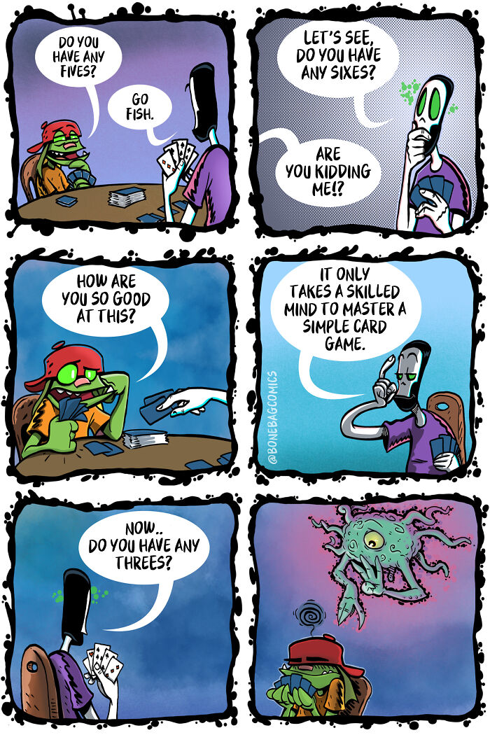 A necromancer and his assistant playing a card game, showing the assistant's frustration as the necromancer wins.