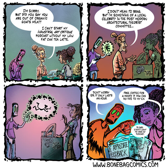 A comic highlighting the absurd daily life of a necromancer and his assistant in a cafe, complaining about coffee and podcasts.