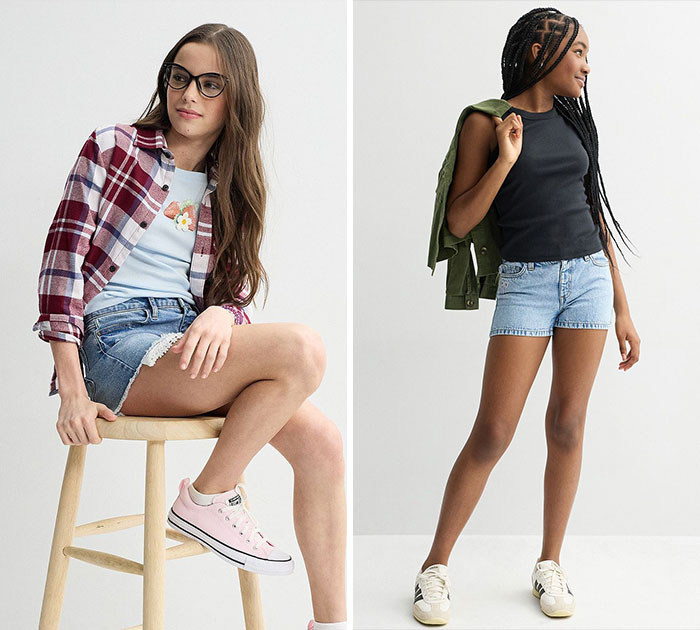 Two young girls modeling various short clothing options, highlighting the debate on appropriate attire. Two young girls modeling various short clothing options, highlighting the debate on appropriate attire.
