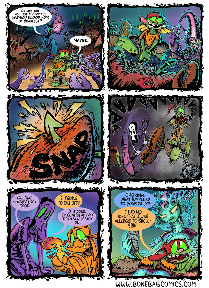 A necromancer and assistant encounter an allergic reaction to shellfish, part of their absurd daily life.