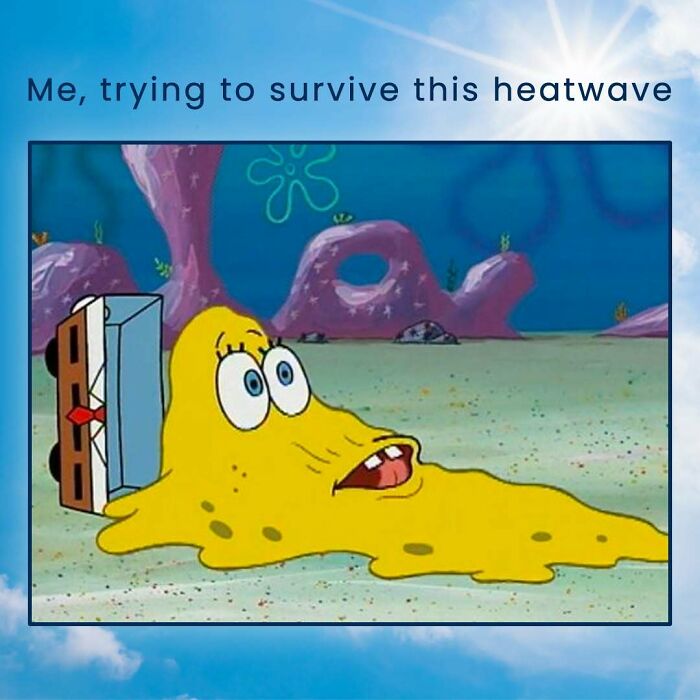 SpongeBob SquarePants melting in the summer heatwave, a funny meme about summer heat.