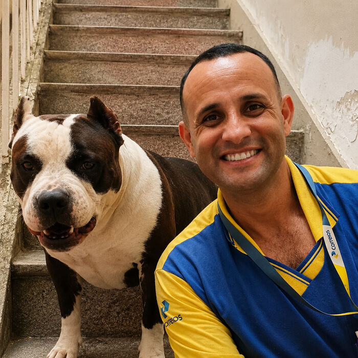 A mailman smiles next to a brown and white dog on a staircase, showing his kindness towards dogs during deliveries.