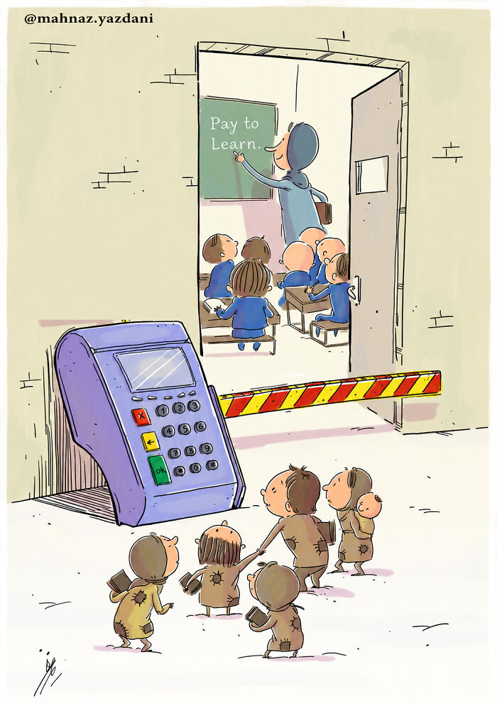 A satirical illustration showing children unable to learn, blocked by a payment machine for education.