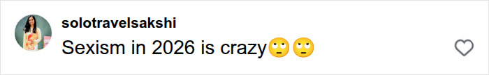 Social media comment from solotravelsakshi pointing out 'Sexism in 2026 is crazy' in the chess community discussion. Social media comment from solotravelsakshi pointing out 'Sexism in 2026 is crazy' in the chess community discussion.