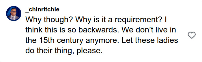 A social media comment from chinritchie questioning the gender rule in the chess community. A social media comment from chinritchie questioning the gender rule in the chess community.
