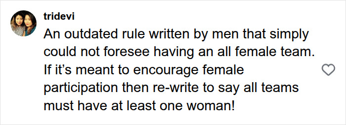 A social media comment from tridevi proposing rewriting the gender rule to encourage female participation in the chess community. A social media comment from tridevi proposing rewriting the gender rule to encourage female participation in the chess community.