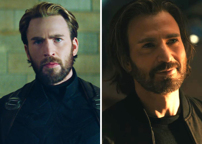 Side-by-side comparison of Chris Evans, showcasing his glowdown transformation with different hairstyles. Side-by-side comparison of Chris Evans, showcasing his glowdown transformation with different hairstyles.