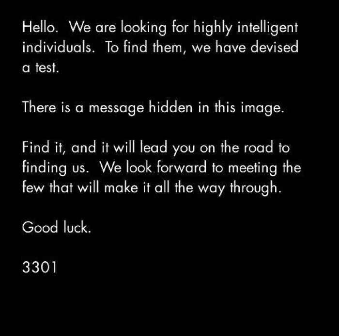 A black image with white text about a test for highly intelligent individuals to solve unsolved mysteries.