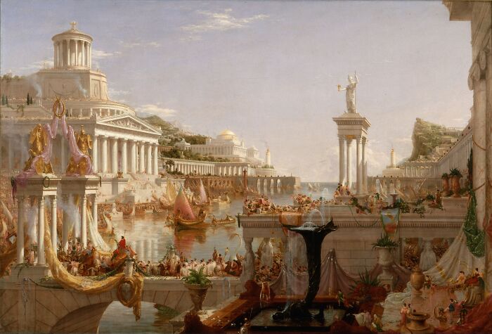 A grand classical city scene with a busy harbor and many ornate buildings, illustrating historical myths.