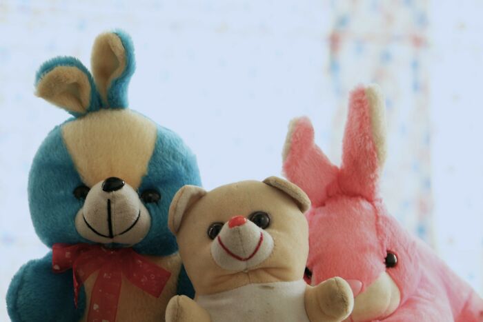 Close-up of three plush toys, two rabbits and a bear, suggesting innocent childhood memories with a hint of unsettling stories.