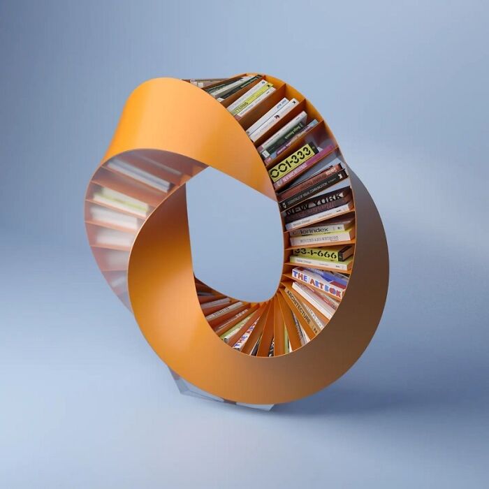 A brilliant design choice: an orange Mobius strip style bookshelf filled with books, an optical illusion.