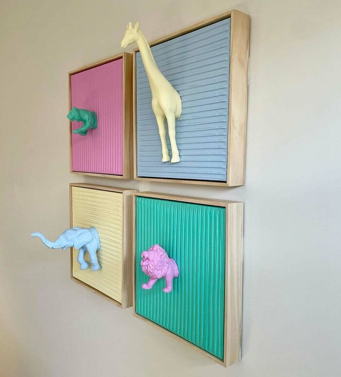 A brilliant design showcasing colorful framed art pieces with 3D animal figures emerging from them, a unique and playful design choice.