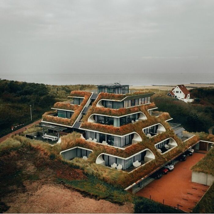 A brilliant design choice: a unique, multi-tiered building with a green roof, integrated into a coastal landscape.
