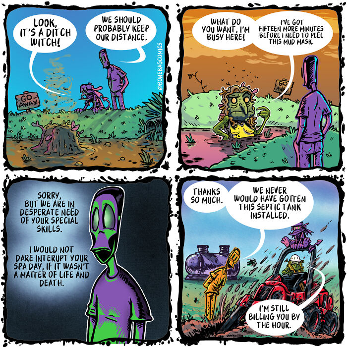 A comic depicting a necromancer and assistant interrupting a ditch witch's spa day for help, part of their daily life.