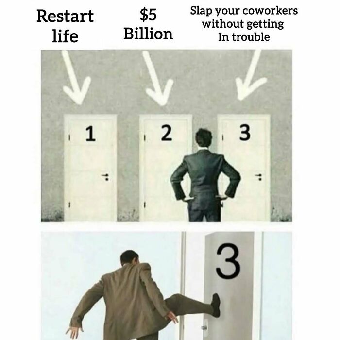 A relatable meme of a person choosing between doors, humorously opting to slap coworkers without trouble.