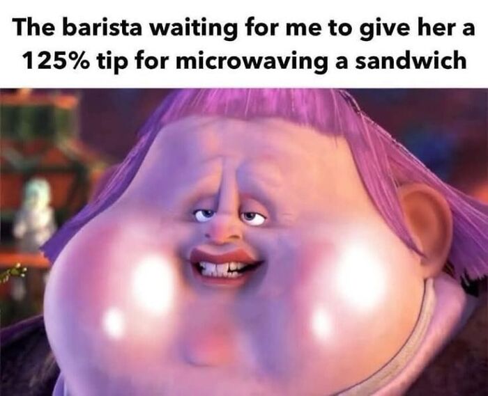 Funny meme of a barista waiting for a tip, a funny pop culture post for instant good vibes.