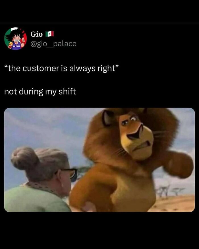 Alex the lion from Madagascar looking annoyed at an elderly woman, illustrating a customer service meme, a funny pop culture post.