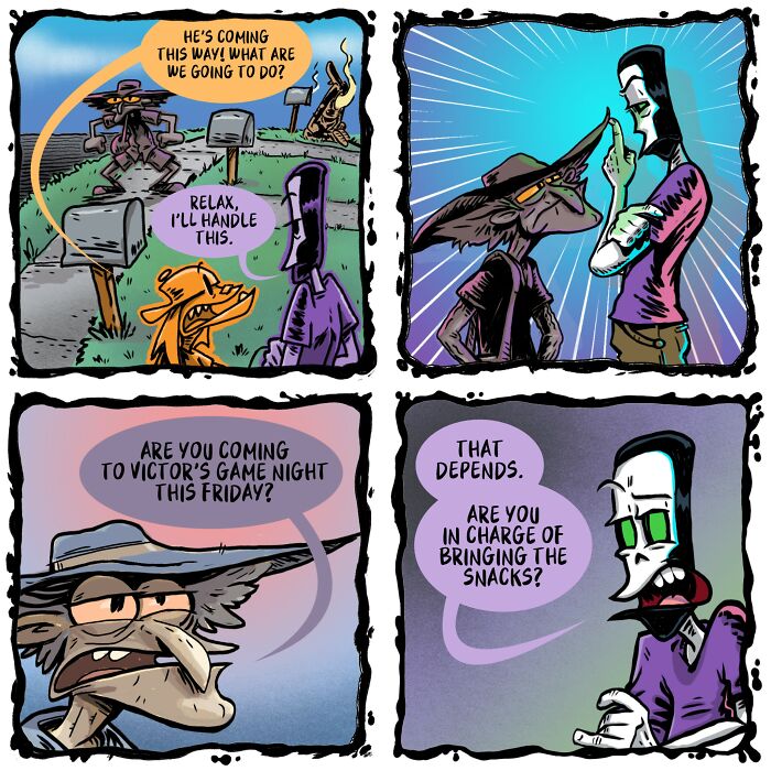 A comic strip showing a necromancer and assistant discussing plans for a game night, an absurd daily life scene.