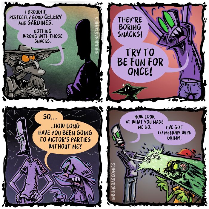 A comic depicting the absurd daily life of a necromancer and his assistant discussing boring snacks.