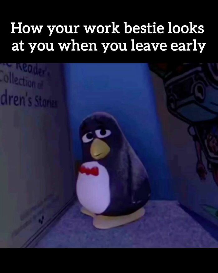 A meme of a sad penguin, representing relatable memes about having to work tomorrow.