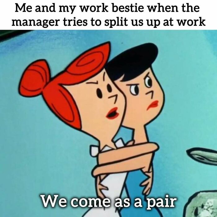A meme with two cartoon women hugging tightly, captioned We come as a pair, sharing relatable memes about working.