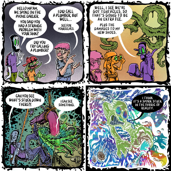 A comic illustrating the absurd daily life of a necromancer and his assistant dealing with a plumbing issue involving tentacles.
