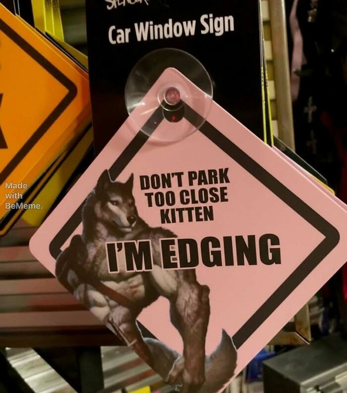 A funny car window sign featuring a muscular wolf character. The sign is a hilarious meme and roast, perfect for a laugh.