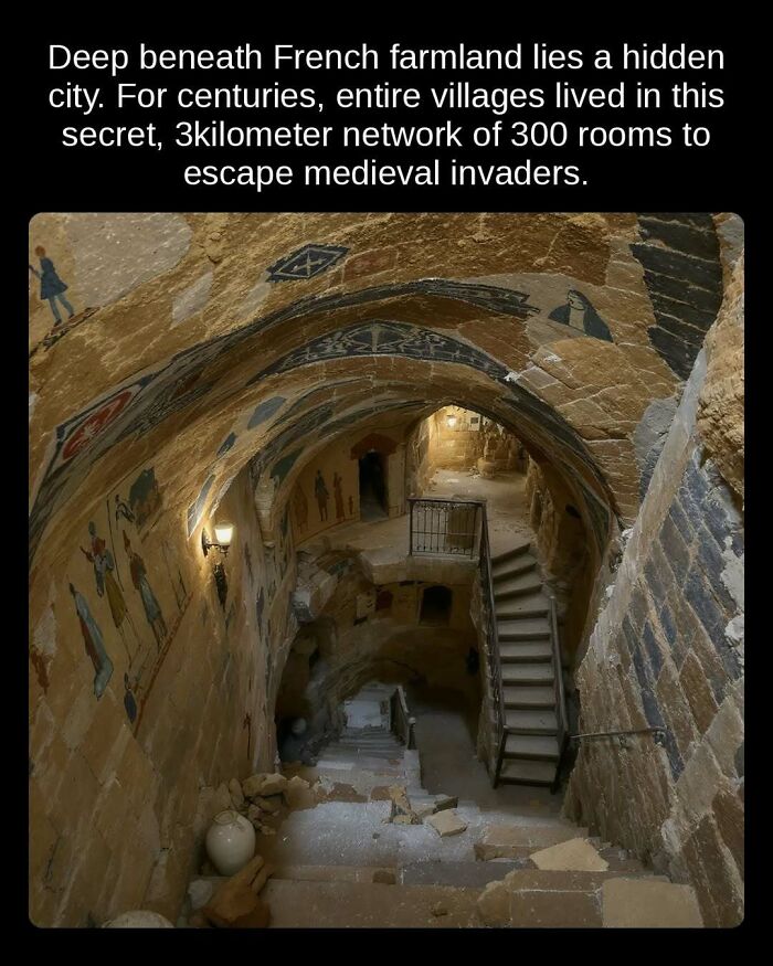 Unseen facts: A hidden city beneath French farmland, a 3km network of 300 rooms used to escape medieval invaders.