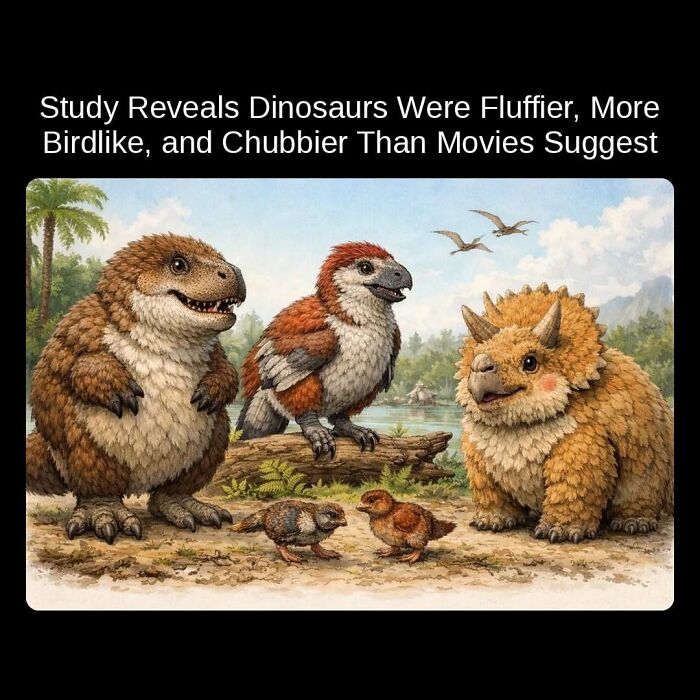 An illustration of fluffy, birdlike, and chubbier dinosaurs with chicks, presenting unseen facts about their true appearance.