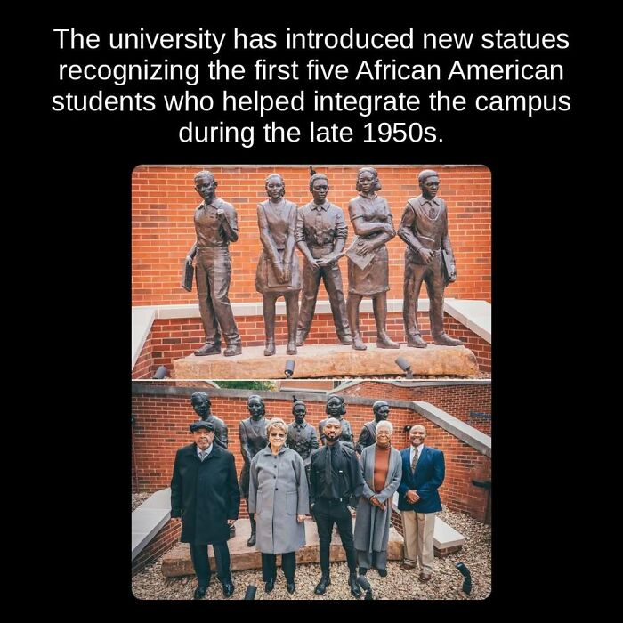 Unseen facts: A university honors its first five African American students with statues, recognizing their role in campus integration.