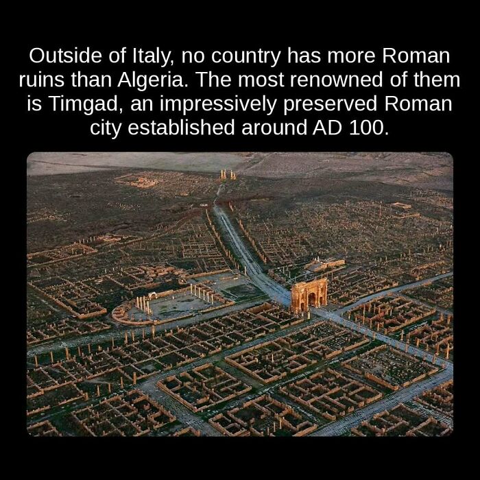 An aerial view of Timgad, a preserved Roman city in Algeria, revealing unseen facts about ancient ruins.