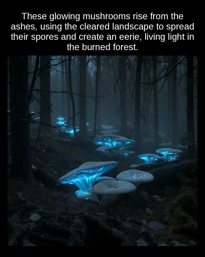 Unseen facts: Glowing mushrooms rise from ashes, creating eerie living light in a burned forest.