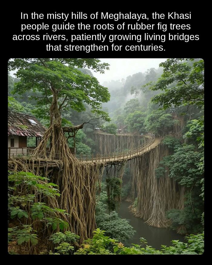 Living bridges in Meghalaya, where Khasi people guide rubber fig tree roots, an unseen fact of incredible human engineering.