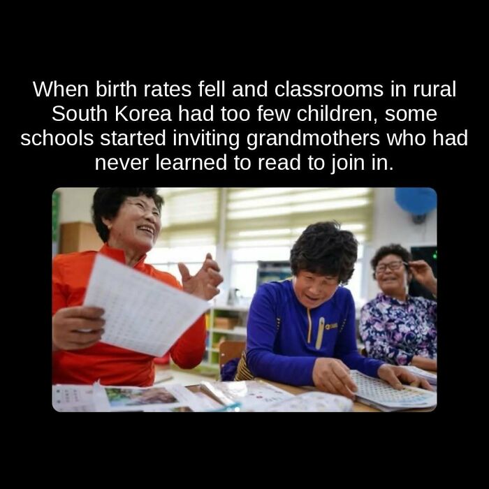 Unseen facts: Grandmothers in rural South Korea learning to read in classrooms with low birth rates.