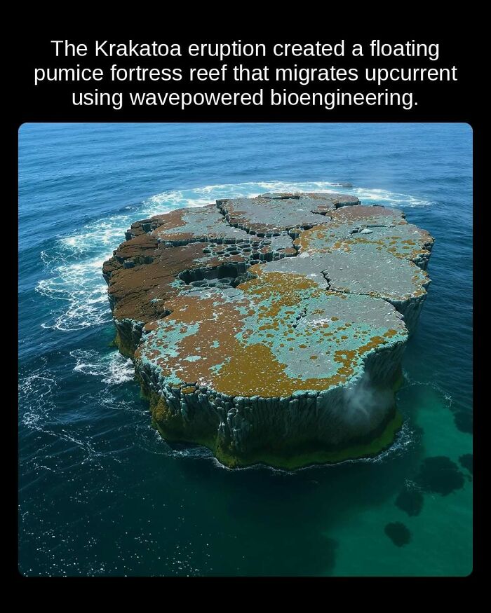 An aerial view of a unique floating pumice fortress reef, a result of the Krakatoa eruption, highlighting an unseen fact.