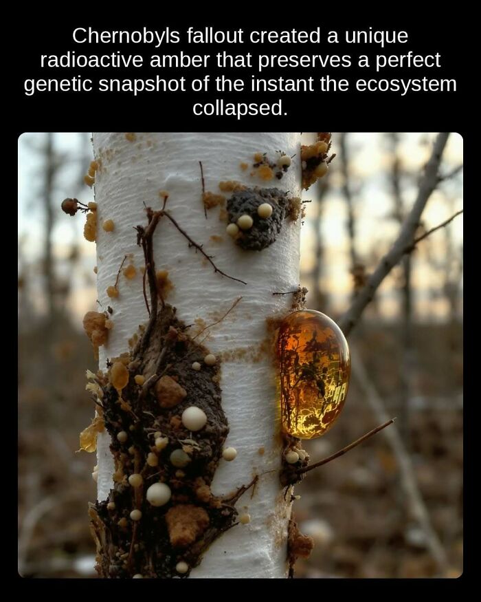 A piece of glowing radioactive amber on a tree trunk, a preserved genetic snapshot from Chernobyls fallout, an unseen fact.
