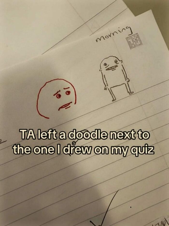 A quiz paper with two doodles, one drawn by a student and one by a TA, for a hilarious meme.