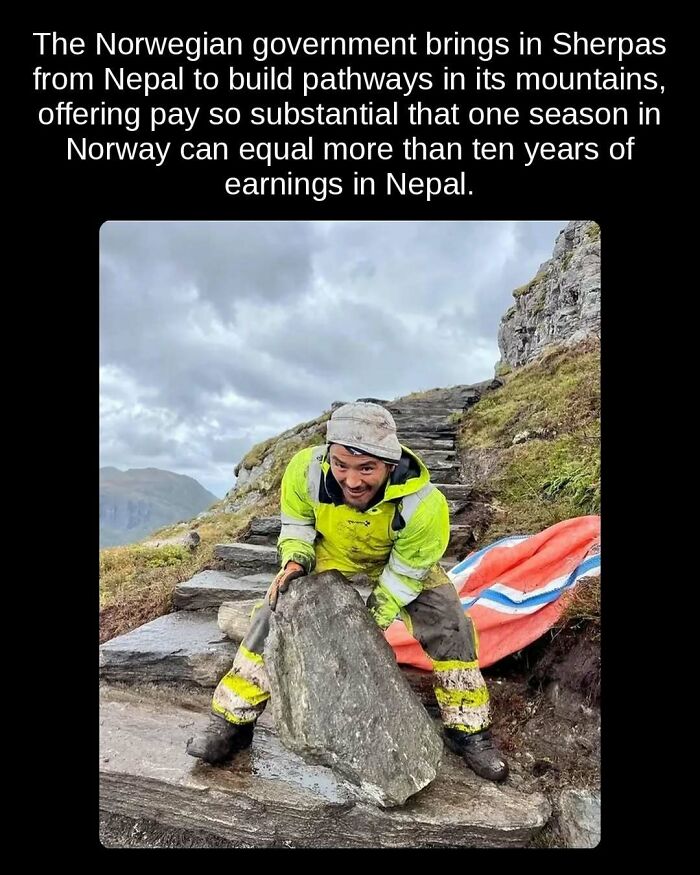 A Sherpa building pathways in Norwegian mountains, showcasing unseen facts about their valuable work.